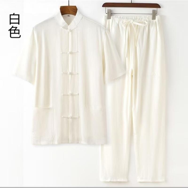 Весна и Лето Мужской Хлопково-льняной Костюм Тан Китайский Стиль Длинный Рукав Костюм Этнический Стиль Ретро Свободный M белый