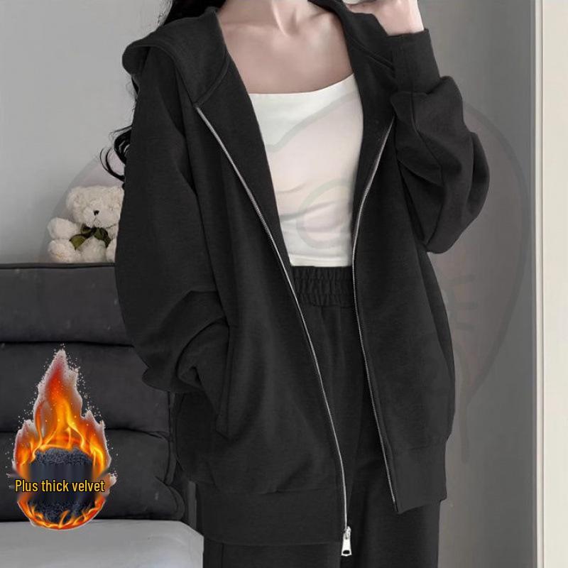 Dámská šedá mikina s kapucí a široké kalhoty - Ležérní podzimní/zimní dvoudílný set s kardiganovou bundou - Trend