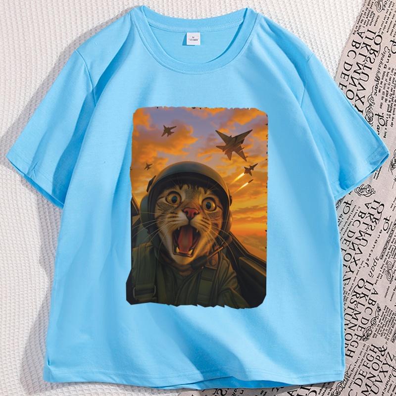 Cat Fighter Pilot T Shirt Funny Cat Selfie Meme Tee Shirt Jet Fighter Cat Tshirt Humor Cotton Short Sleeve Round Neck Tees