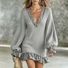 Women Leopard Print Trim V Neck Lantern Sleeve Ruffle Hem Knit Mini Dress
