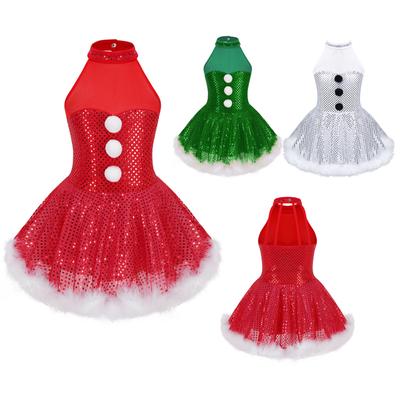 Girls Christmas Snowman Costume Sleeveless Mesh Splice Caged Back Shiny Sequins Figure Ice Skating Dress