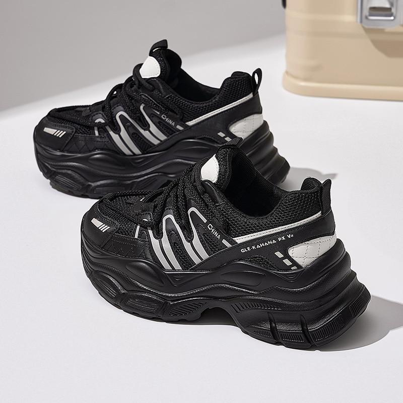 

Fujin/5,5 см обувь на танкетке из коровьей натуральной кожи, вулканизированная обувь, женские массивные кроссовки с воздушной сеткой, женские летние дышащие модные 40 чёрный