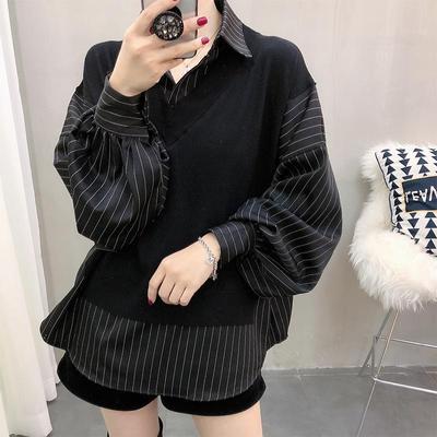 Camicia patchwork finto due pezzi da donna alla moda per primavera e autunno