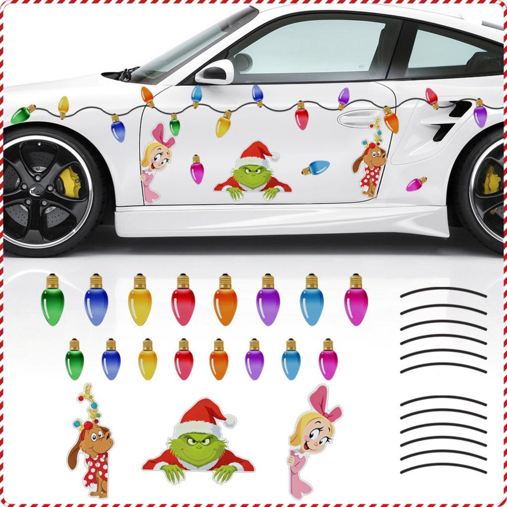 Reflective Christmas Sticker Set with Light Bulb Design for Car and Fridge Holiday Decor