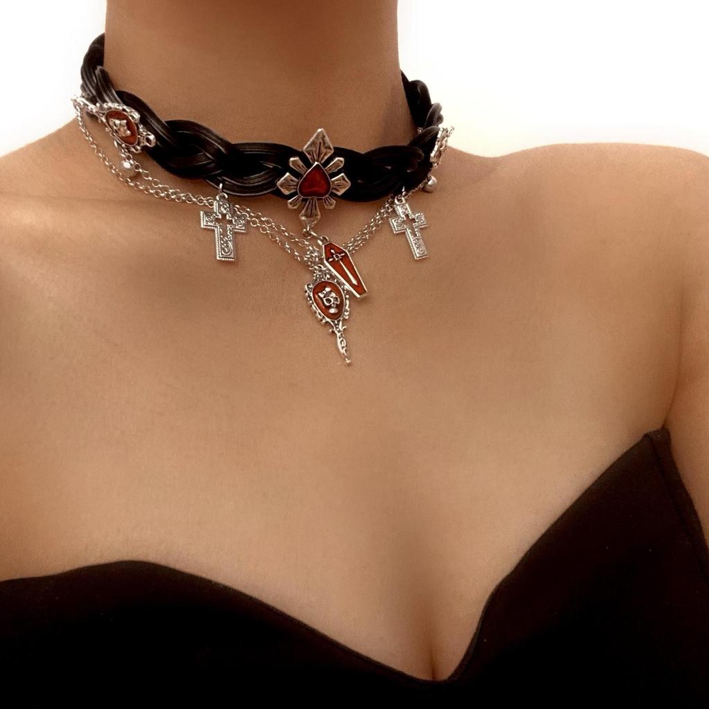 European and American Jewelry Gothic Cross Multi-layer Beaded Necklace Heavy Industry Versatile Medieval Niche Collarbone Chain Women