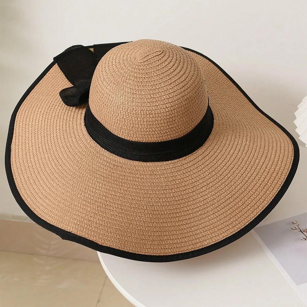 Women's Oversize Brim Straw Hat Women's Summer Sun Block Big Brim Hat Seaside Bow Beach Hat Suitable For Sun Protection
