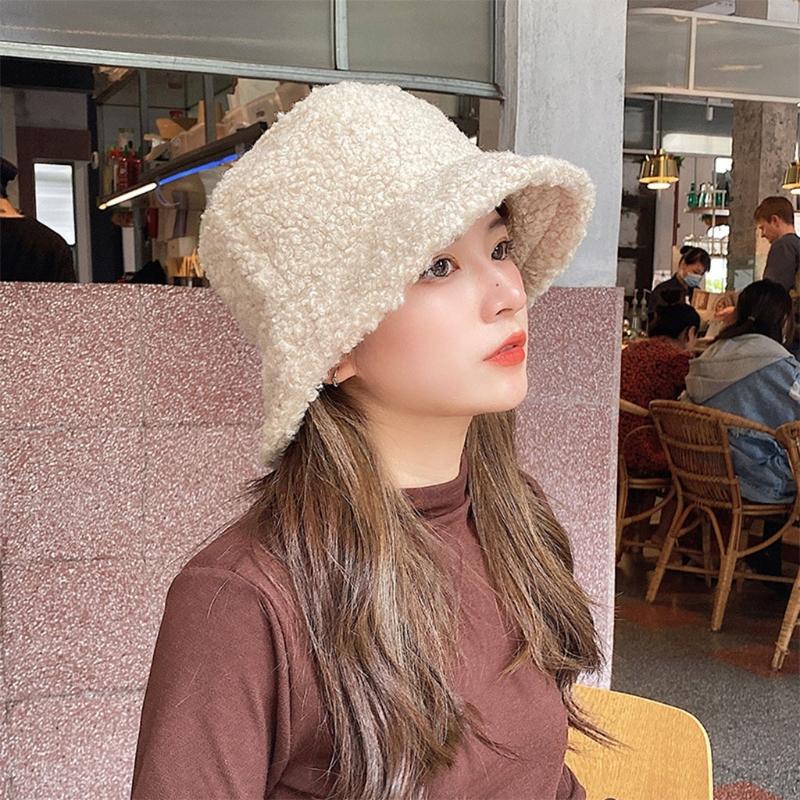 Lamb Wool Plush Hats Solid Color Wide Brims Caps All-match Fall Winter Plush Hat Plush Hat Bucket Hats for Women & Men
