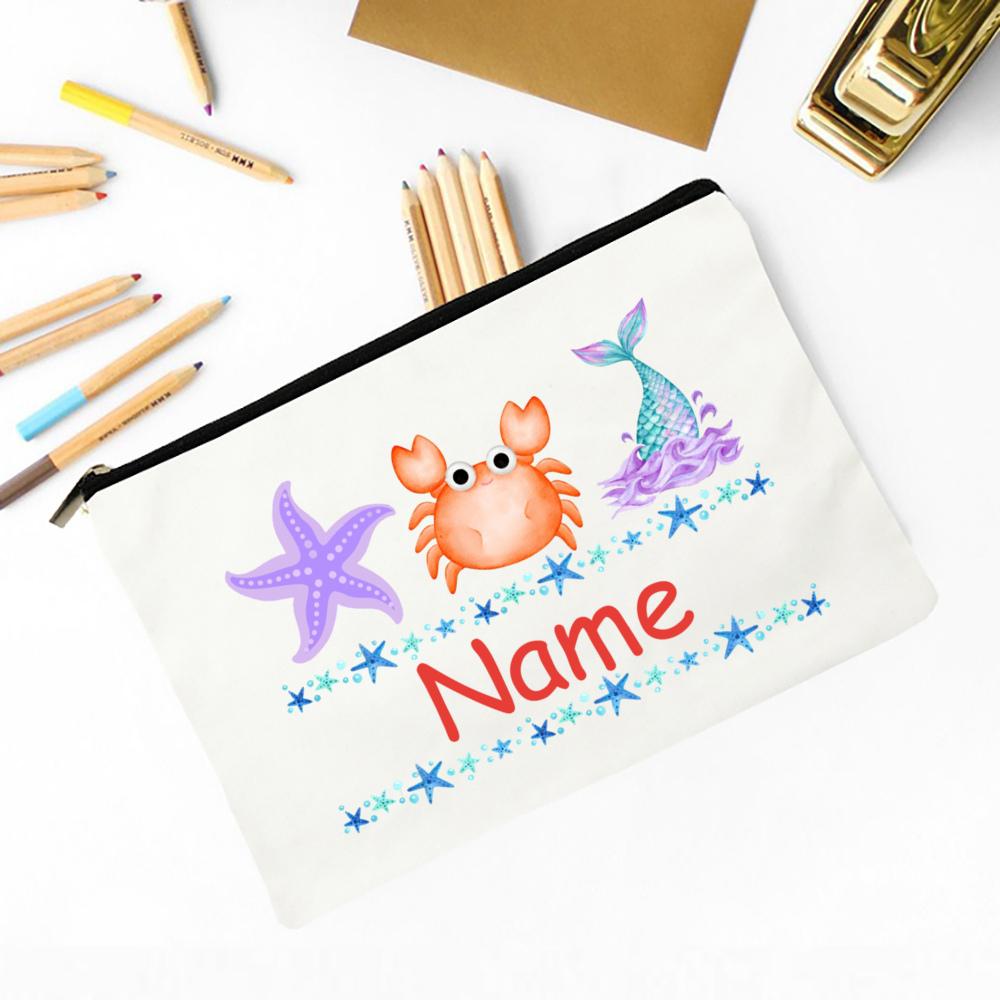 Personalized Beach Crab with Name Pencil Bag Stationery Bags Travel Makeup Toiletry Pouch Birthday Back To School Gift for Kids