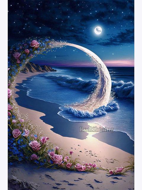 Full Fantasy Romance Boat Diamond Painting Kits Beach Moon Scenery Dolphin Diy Diamond Embroidery Mosaic Cross Stitch Flower