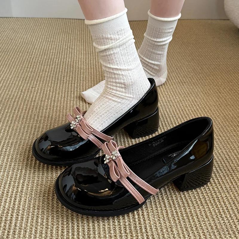 Women Heels Shoes Crystal Bow Sandals Woman Summer 2025 New Chunky Sweet Lolita Dress Pumps Leather Zapatos De Mujer
