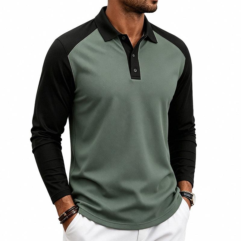 Herren American Style Lockerer Farbblock Casual Umlegekragen Langarm Golf Poloshirt