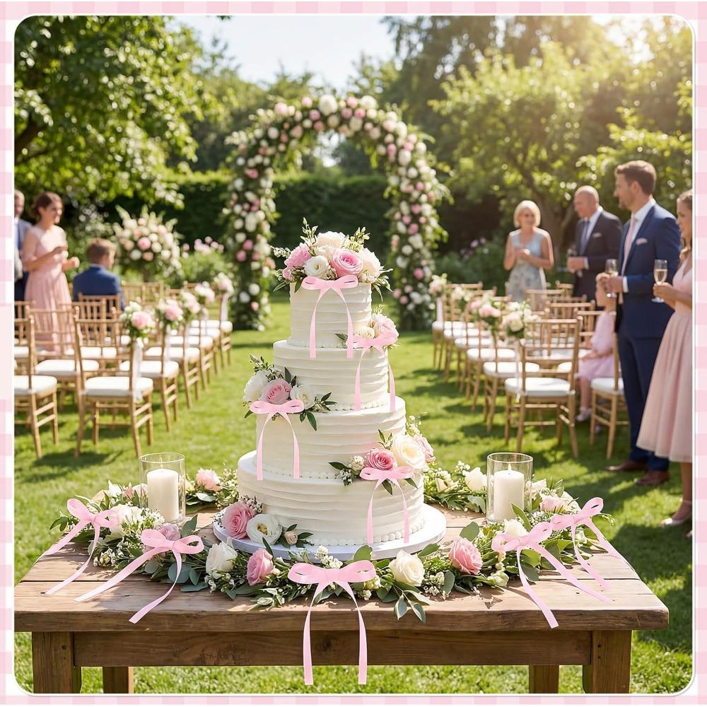 30pcs Bow Cake Toppers Pink Ribbons Bows for Cake Coquette Themed Bow Cupcake Toppers Pink Bow Birthday Wedding Decorations
