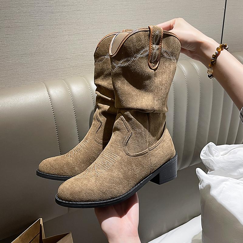 New Embroidered Western Cowboy Boots for Women Autumn Pointed Toe Thick Heel High Knee Boots Woman Loose Leather Long Boots