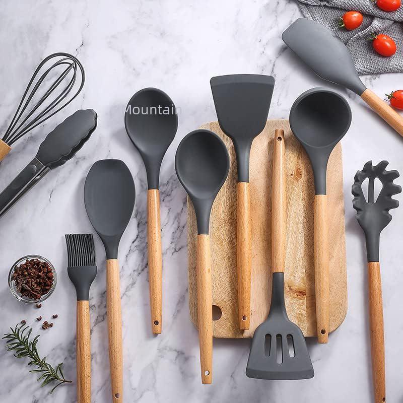 12-Piece Silicone Kitchenware Set with Wooden Handles: Non-Stick Cooking Spatulas and Tools