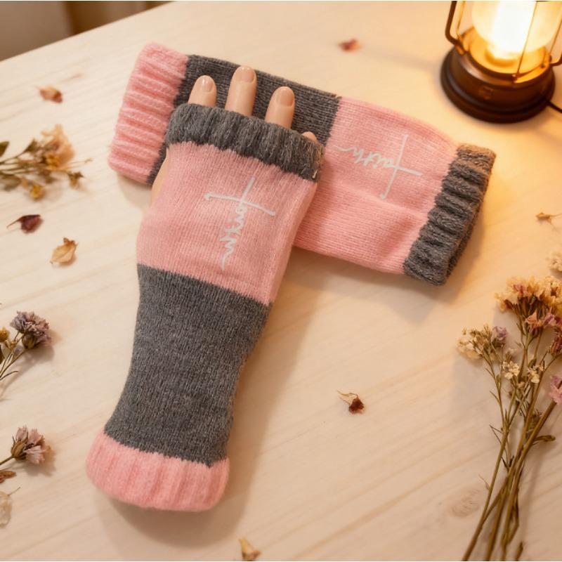 Gants en tricot sans doigts avec broderie de chat et patchwork, Gants décontractés ouverts aux doigts tendance pour femme, Mitaines chaudes d'hiver sans doigts