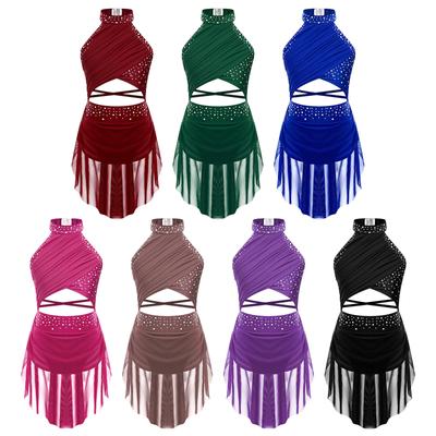 Kids Girls Figure Skating Dress Rhinestones Skirted Leotard Dresses Ballet Lyrical Dance Costume