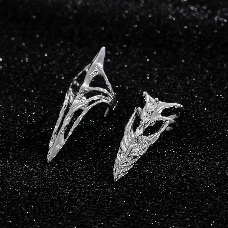 Fashion Punk Nail Cover Bone Ring Metal Rhinestone Hollow Fingertip Protective Cover Multilayer Finger Rings Cosplay Jewelry Set