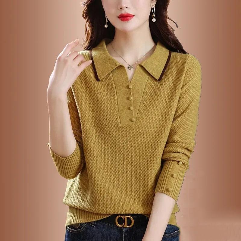 Spring Autumn Fashion Women Sweater Elegant Turndown Pullover Sweater Female Loose Knitting Bottoming Shirt Jumper Lady