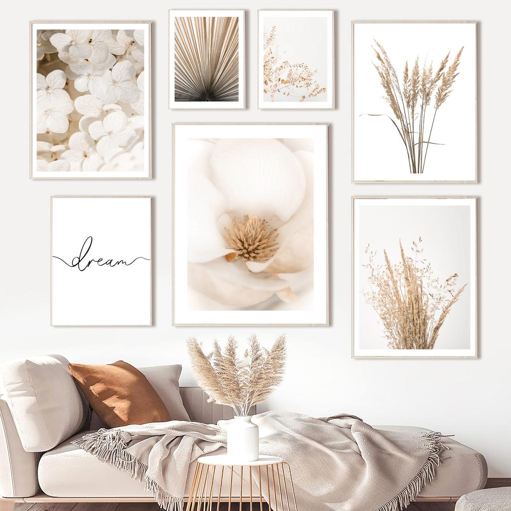 Wall Art Print Beige Dandelion White Flower Palm Leaf Grass Quotes Canvas Painting Nordic Poster Decor Pictures For Living Room