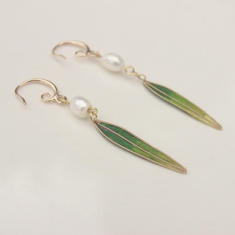 Intangible Cultural Heritage Filament Edelweiss Bamboo Leaf Green Fringed Earrings Retro Temperament Pearl Fashion Simple Wind Ear Jewelry
