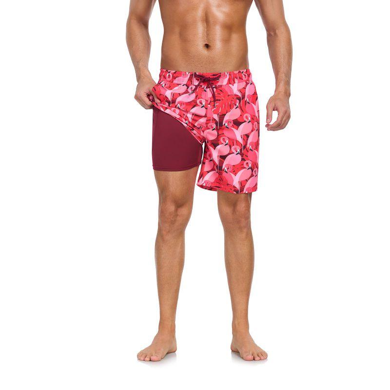 Men's Double-Layer Printed Beach Shorts Drawstring Swim Trunks