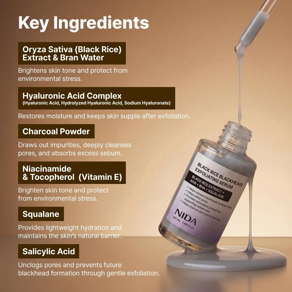 AHA, BHA, Skualen içeren NIDA Siyah Pirinç Siyah Nokta Peeling Serumu