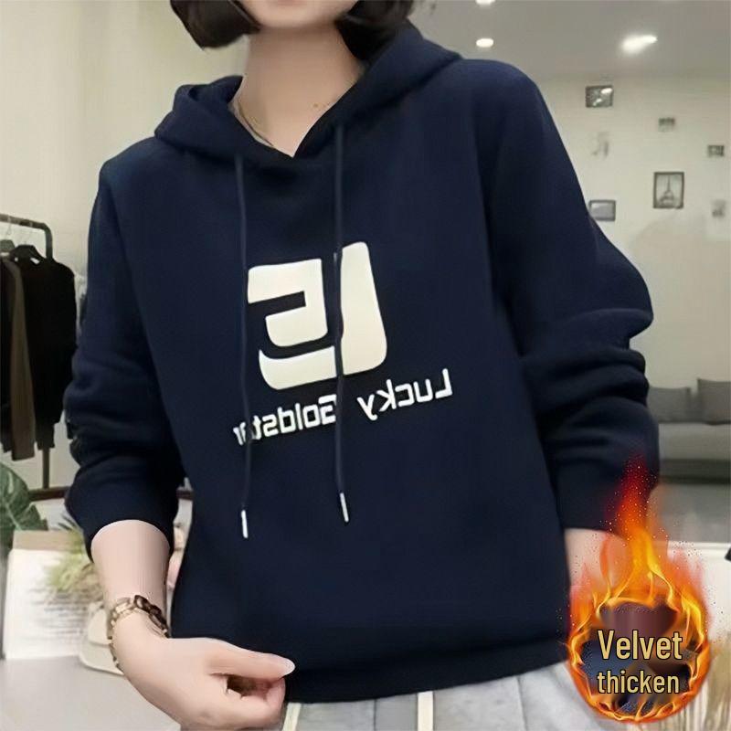 Women's Fleece-Lined Thickened Hooded Sweatshirt: Loose Fit, Slimming, Autumn/Winter Korean Style.