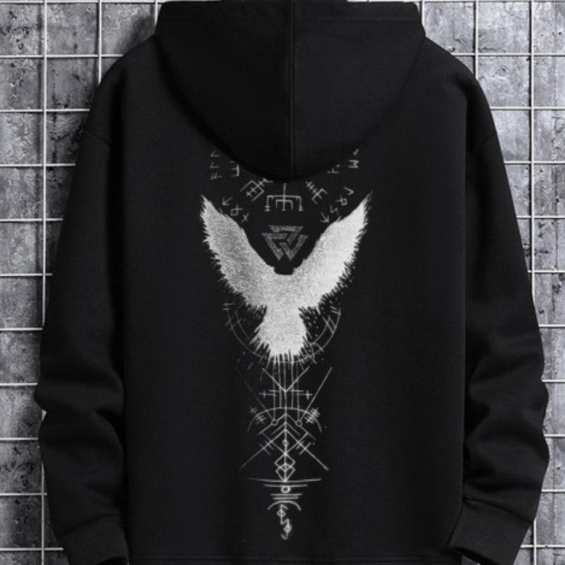 Plus Size Street Men's Hip Hop Retro Spell Crow Totem Print Hooded Sweatshirt