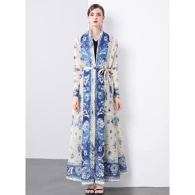 Spring Autumn Women Print Loose Long Maxi Elastic Lace-up Coat Robe
