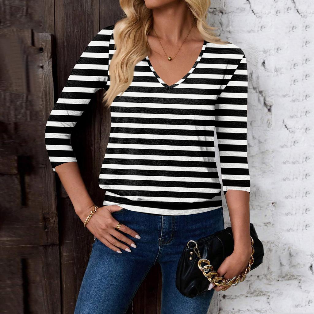 Top de damă casual la modă, cu decolteu în V, mânecă trei sferturi și imprimeu