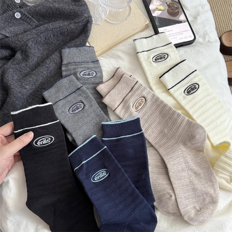 Striped Embroidered Letter Boneless Textured Cotton Mid-calf Socks for Casual Sports Women