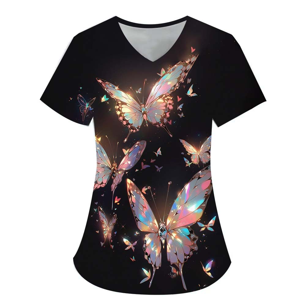 Chirurgický úbor dámský s potiskem 3D motýlů, výstřih do V, ošetřovatelská kapsa, veterinářské pracovní oblečení, lékařská ošetřovatelská uniforma pro ženy