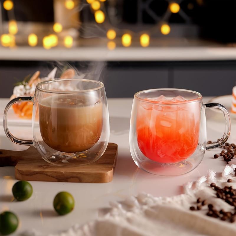 2 Pack Glass Coffee Mugs - Double Wall Insulated Mug Set with Handle, Tea Latte Cappuccino Cup for Latte, Macchiato, Americano