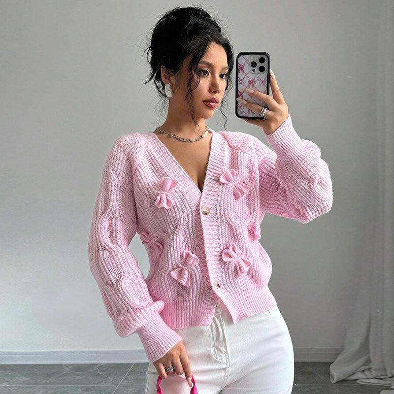 Women s Knit Cardigan V Neck Button Front Bow Knot Detail Solid Pink S