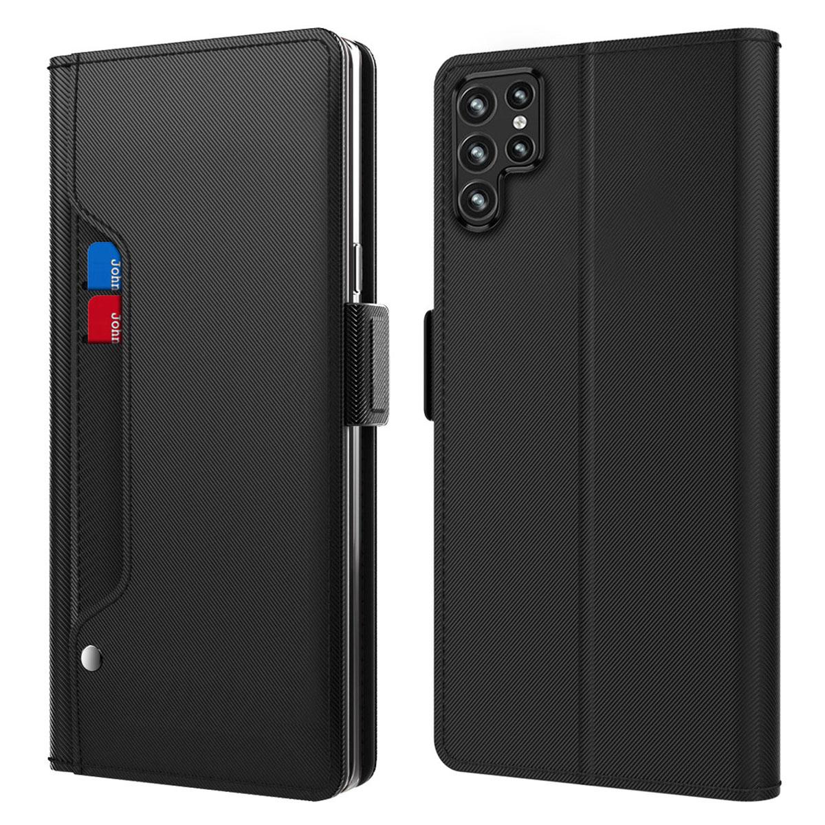 

For Samsung Galaxy S22 Ultra 5G Smartphone Case Card Holder Stand Dual Magnetic Clasp Anti-drop Protective Cell Phone Cover with Makeup Mirror Black