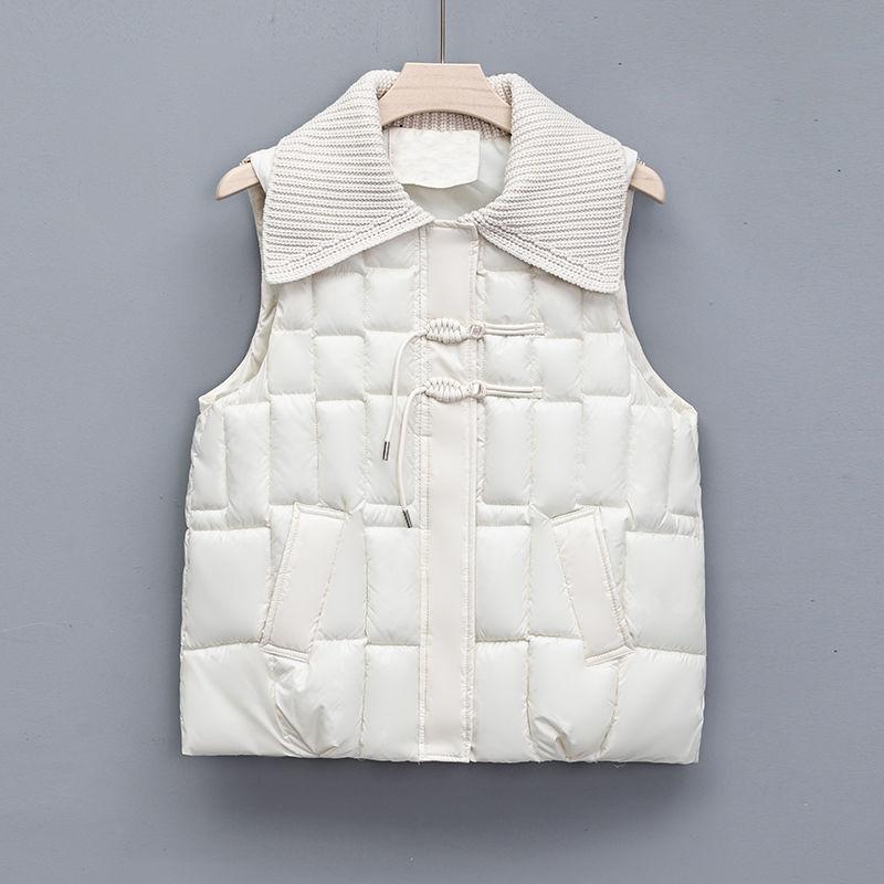 Women's Down Vest with Knitted Lapel Patchwork Vest Outer Wear Button-up Cotton Vest Vest Jacket for Autumn and Winter