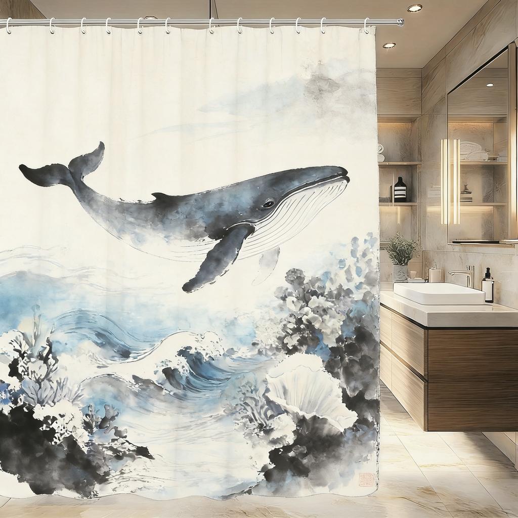 Glowing Purple Jellyfish Deep Sea Coral Oil Painting Waterproof Shower Curtain for Bathroom Decor
