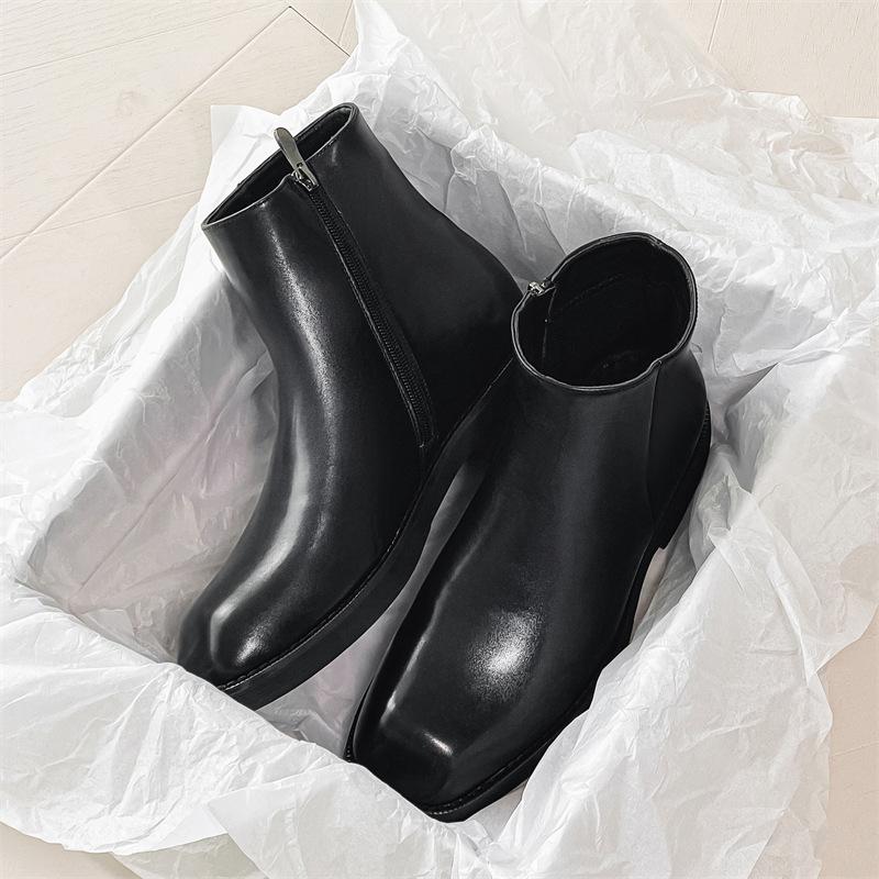 England Style Mens Chelsea Boots Fashion Square Toe Shoes Stage Nightclub Dress Cowboy Genuine Leather Boot Black Short Botas