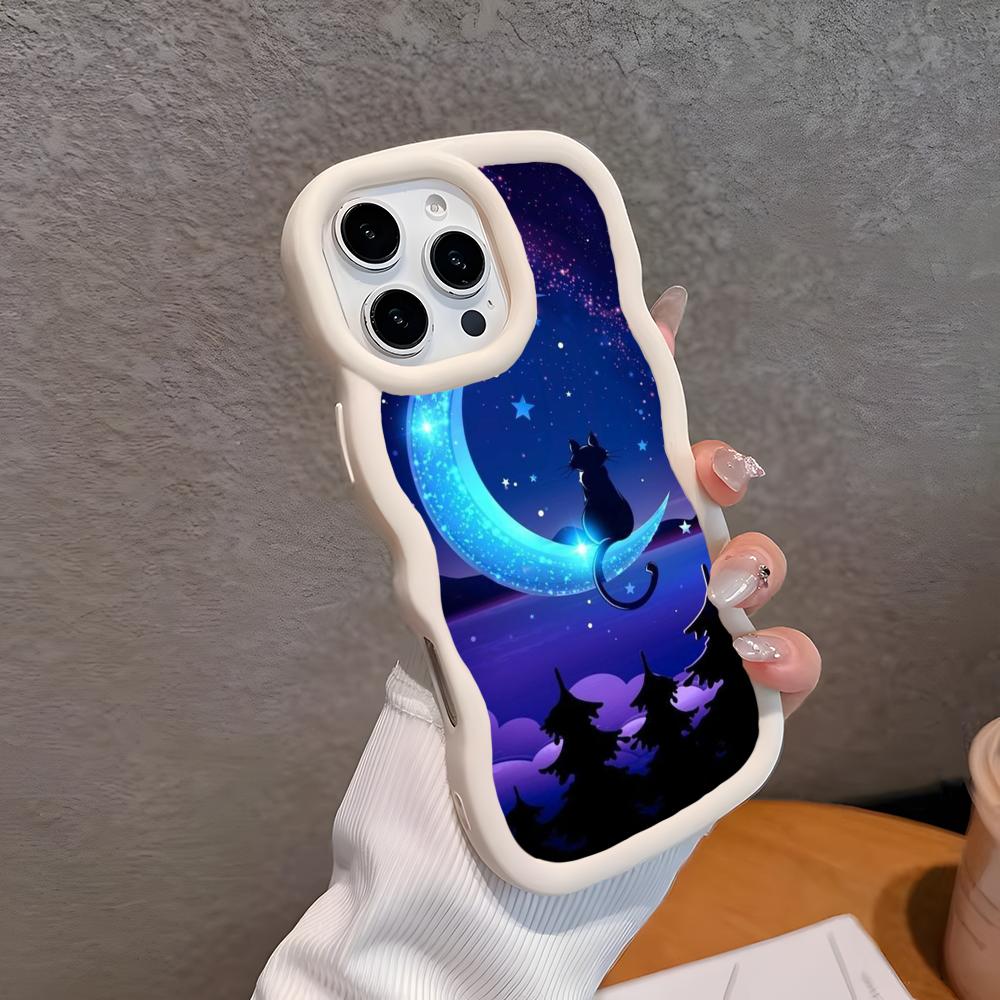 Luna Moon Cat Mobile Phone Case for iPhone 17 16 15 14 13 12 11 Air Pro Max Plus Wavy Edge TPU Colorful Cover Pretty Smartphone