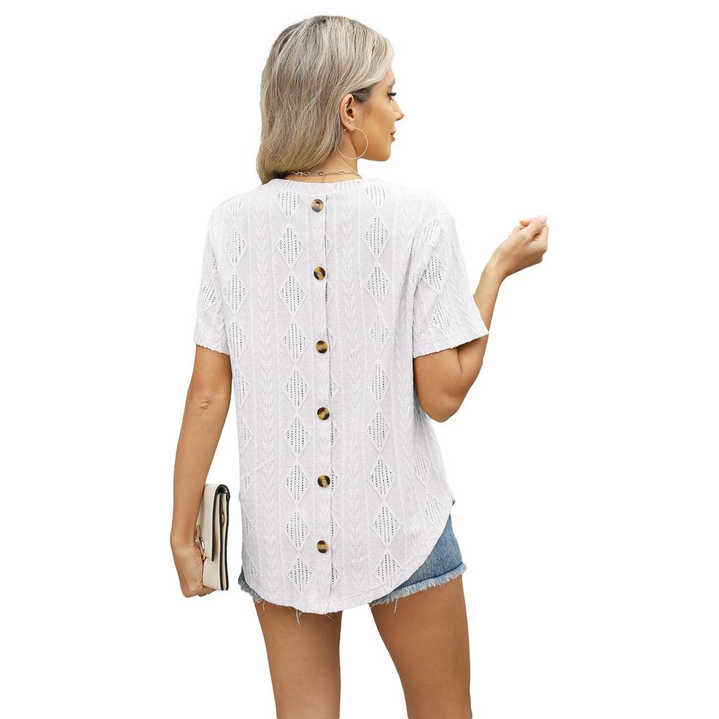 Summer Short Sleeve O Neck Solid Color Button Breathable Casual Women Pullover T Shirt Blouse Top