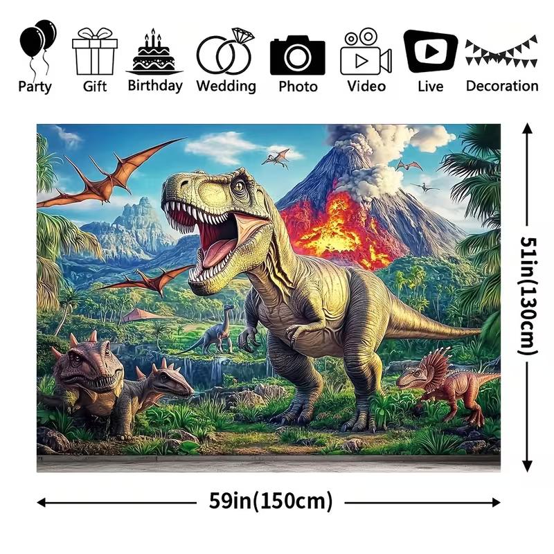 Vulkan T-Rex Dinosaurier Wandteppich, Jurassische Dschungellandschaft Wanddekoration für Jungenzimmer & Thematische Geburtstagsparty