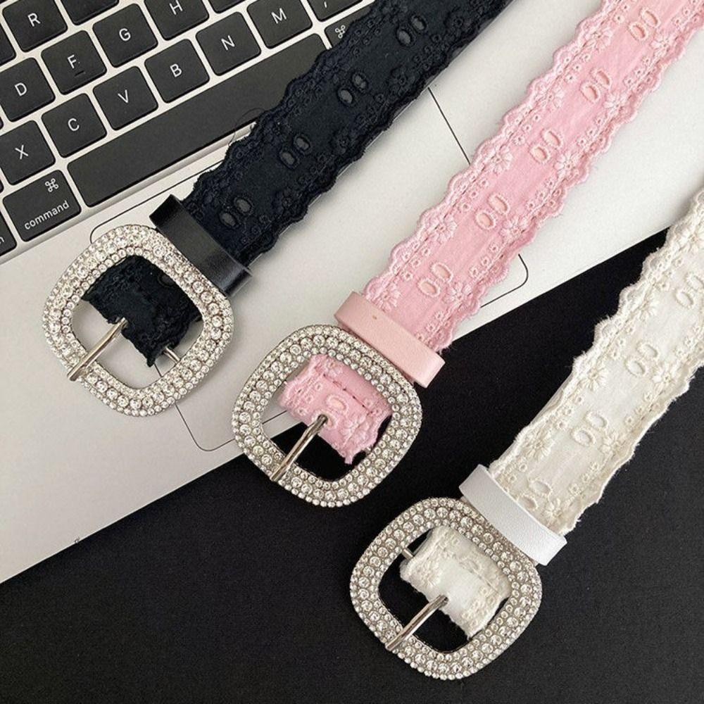 Y2K Lace Belt PU Leather Women Waistband Trend Rhinestone Belt Jeans Accessories