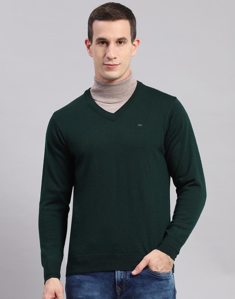 Monte Carlo Mens Solid Green V Neck Full Sleeve Pullover