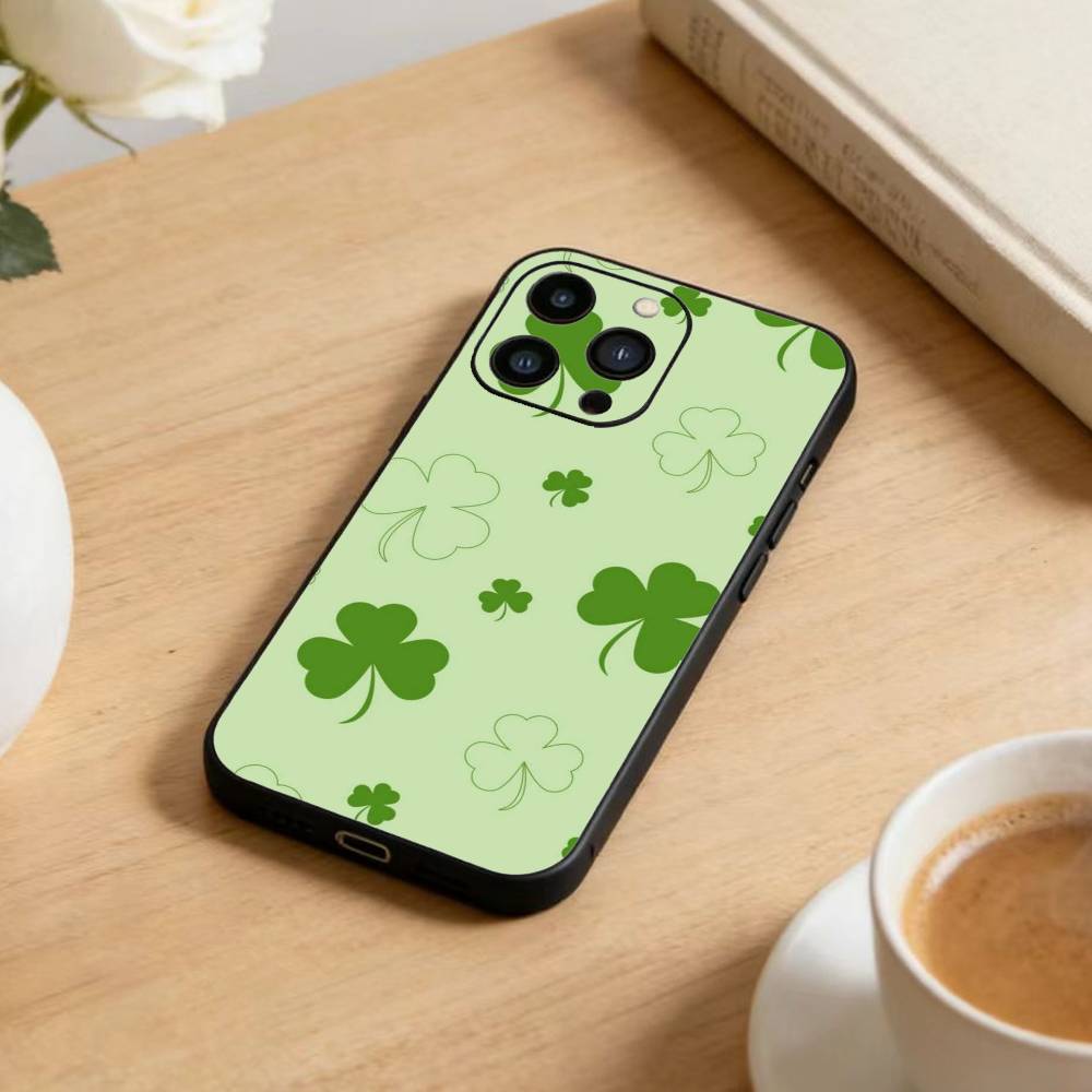 2026-Four-leaf clover Phone Case For iPhone 17 16 15 14 13 12 Max Plus Silicone Black Cover