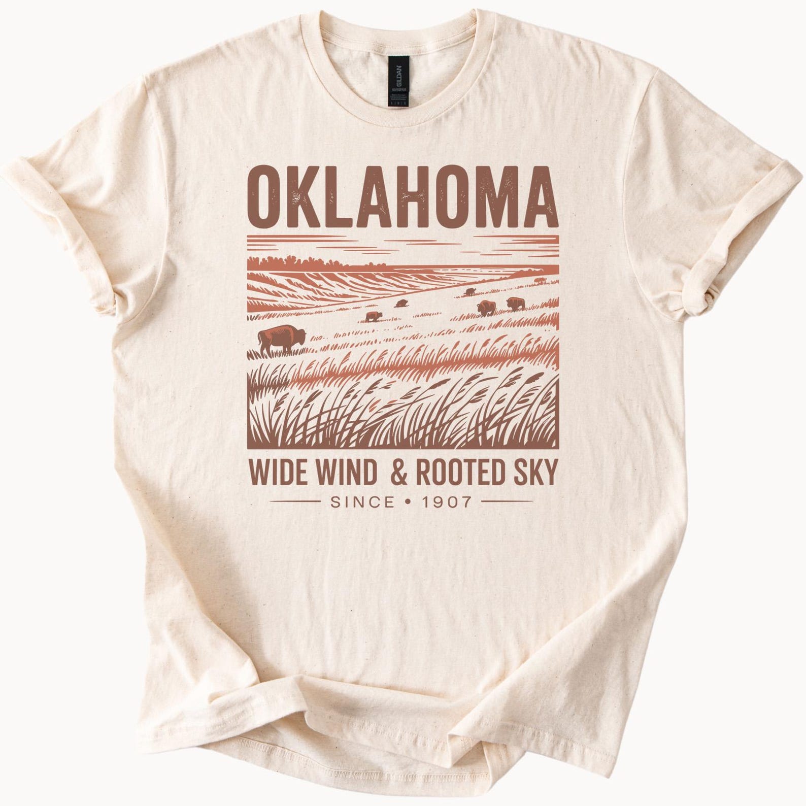 Oklahoma Graphic T Shirt Wide Wind Rooted Sky Bison Prairie Landscape Nature Scene Oklahoma State Tee Since 1907 Soft Cotton Shirt 110