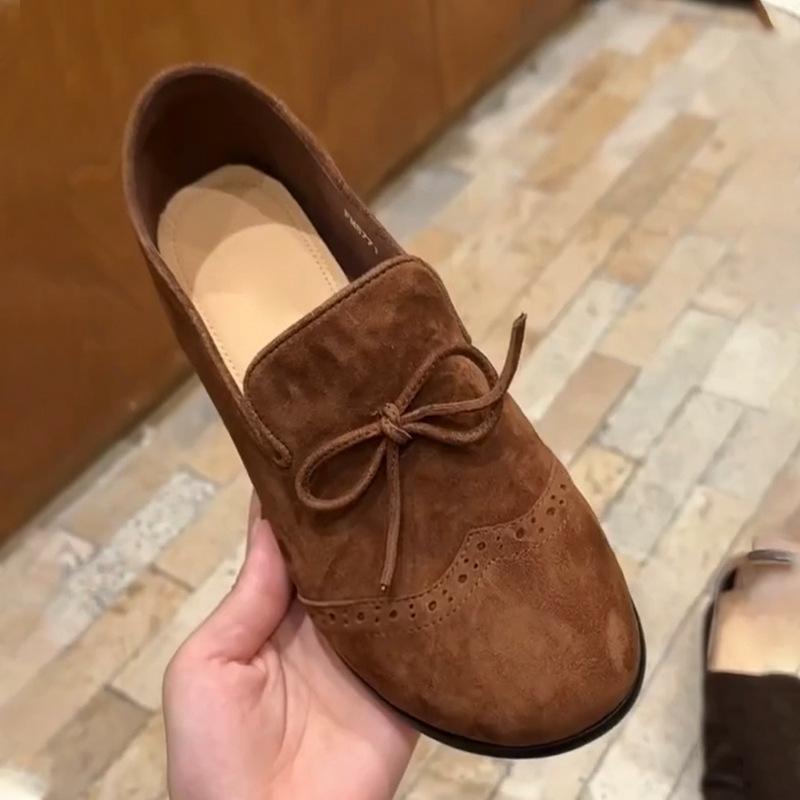 Cowhide version~ Korean version of genuine leather round head flat bottom small leather shoes women's retro suede bow Brock single shoes women's tide