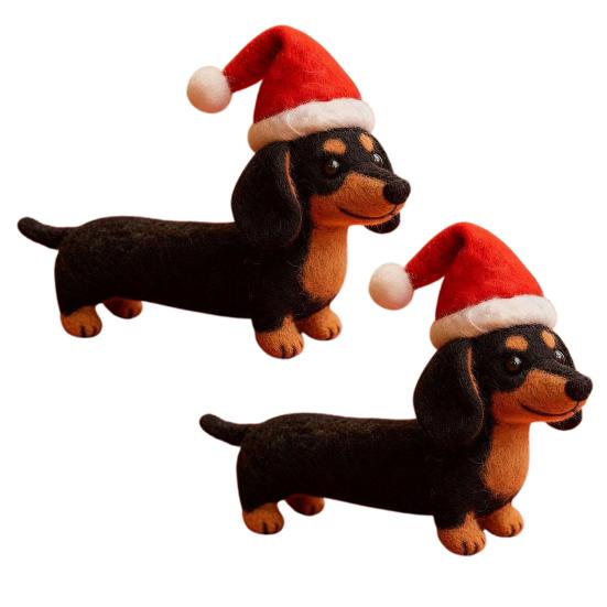 1/2Pcs Christmas Felt Dachshund Figurine Handcrafted Santa Hat Dog Ornament Simulation Puppy Statue Animal Sculpture Home Office Desktop Decoration