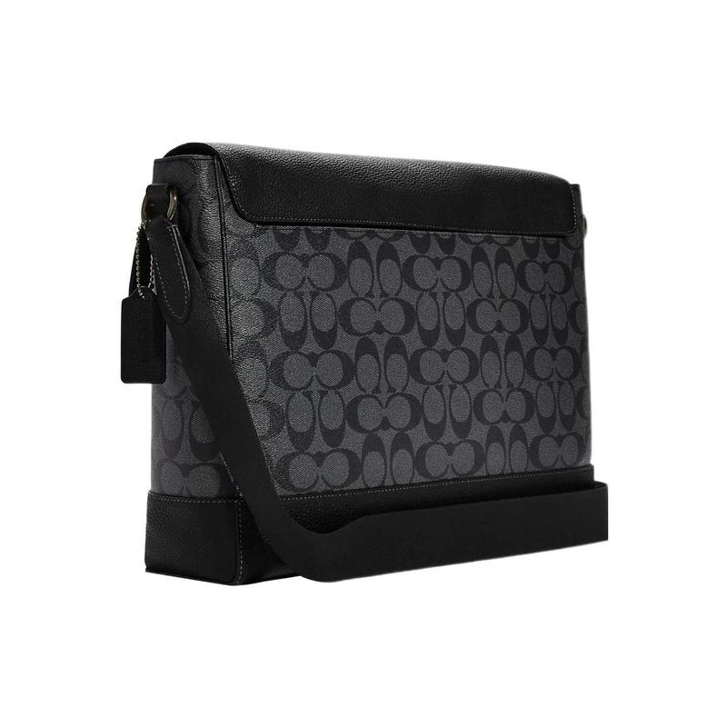 Coach Hudson 36 Flap Closure Coated Canvas and Natural Pebbled Leather Messenger Bag Shoulder Crossbody Bag Men's Charcoal and Black