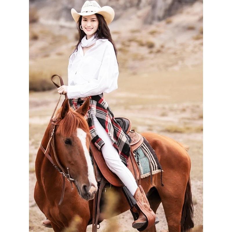 Cowhide~ He Sui has the same versatile leather western cowboy boots women's thick heel embroidered knight boots retro medium riding boots