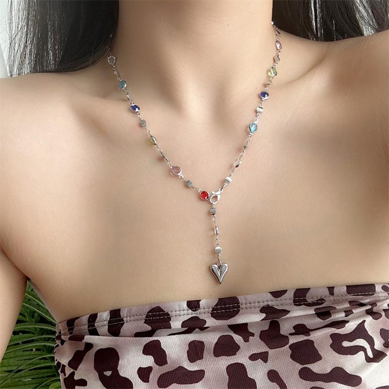 Trendy Gold Silver Color Glass Long Y-Shaped Heart Pendant Necklace Metal Clavicle Chain Bohemian Body Jewelry Party Gifts